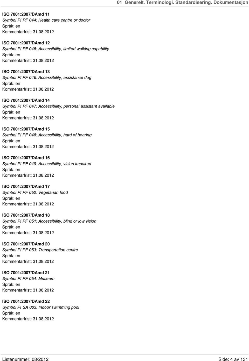 2012 ISO 7001:2007/DAmd 13 Symbol PI PF 046: Accessibility, assistance dog Kommentarfrist: 31.08.