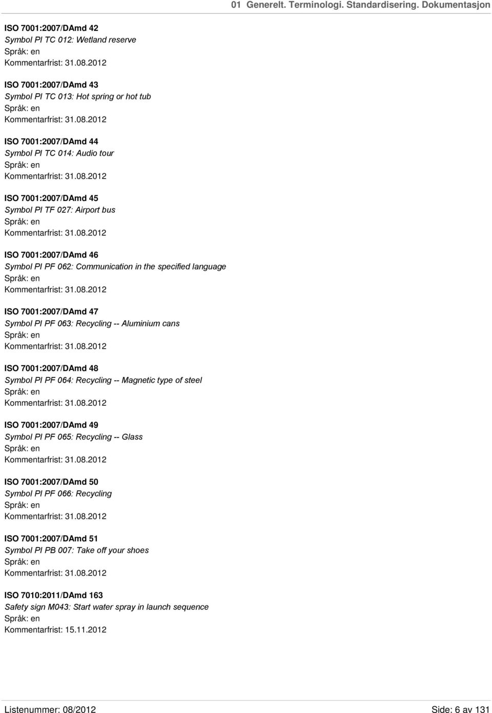 08.2012 ISO 7001:2007/DAmd 46 Symbol PI PF 062: Communication in the specified language Kommentarfrist: 31.08.2012 ISO 7001:2007/DAmd 47 Symbol PI PF 063: Recycling -- Aluminium cans Kommentarfrist: 31.