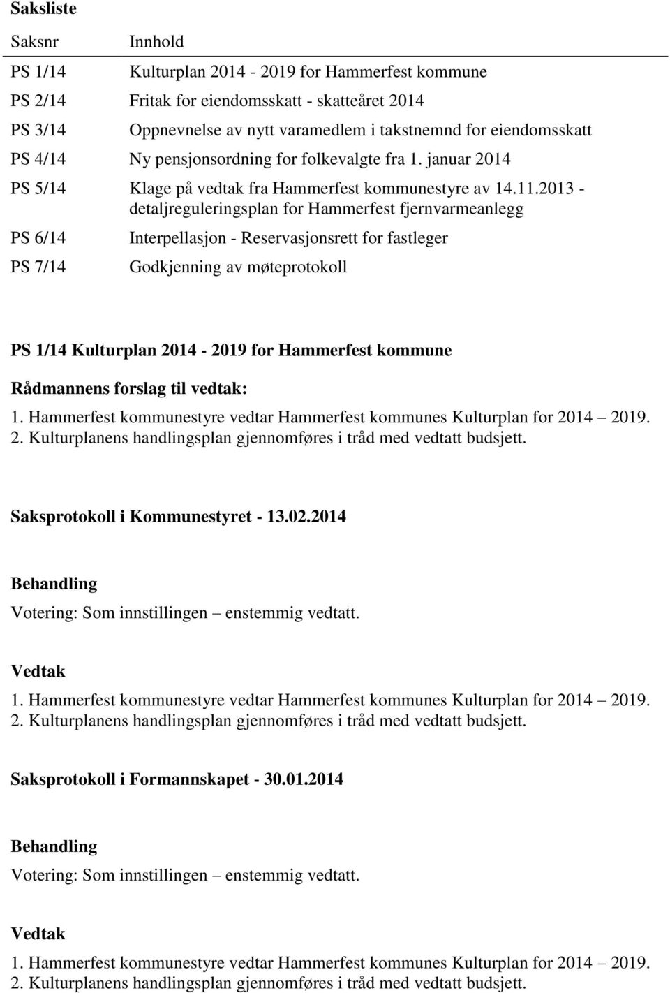 2013 - detaljreguleringsplan for Hammerfest fjernvarmeanlegg PS 6/14 PS 7/14 Interpellasjon - Reservasjonsrett for fastleger Godkjenning av møteprotokoll PS 1/14 Kulturplan 2014-2019 for Hammerfest