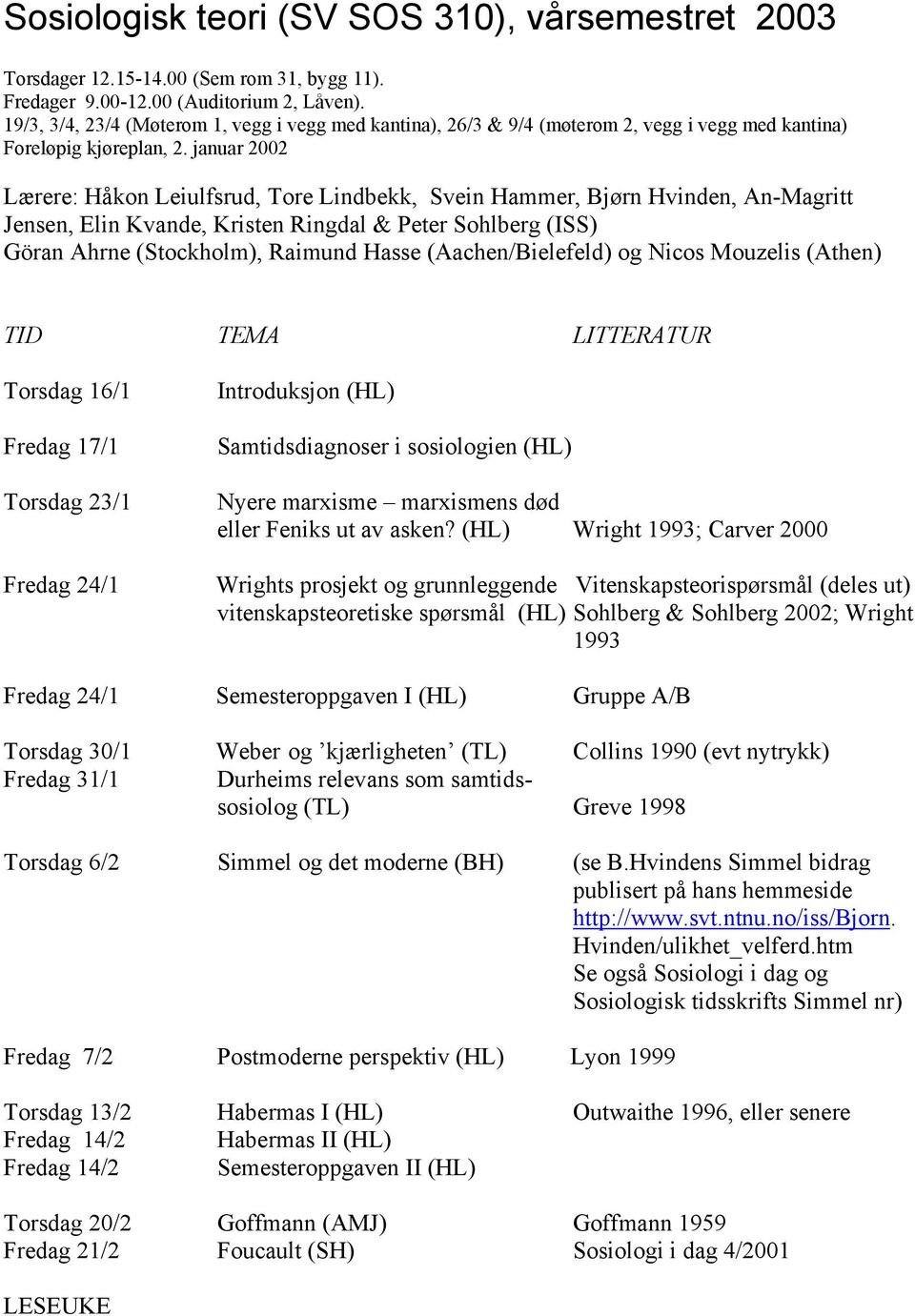 januar 2002 Lærere: Håkon Leiulfsrud, Tore Lindbekk, Svein Hammer, Bjørn Hvinden, An-Magritt Jensen, Elin Kvande, Kristen Ringdal & Peter Sohlberg (ISS) Göran Ahrne (Stockholm), Raimund Hasse