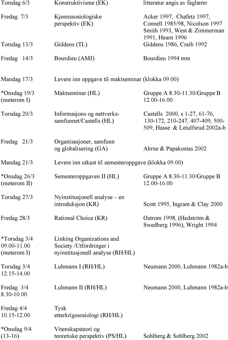 00) *Onsdag 19/3 Maktseminar (HL) Gruppe A 8.30-11.30/Gruppe B (møterom I) 12.00-16.