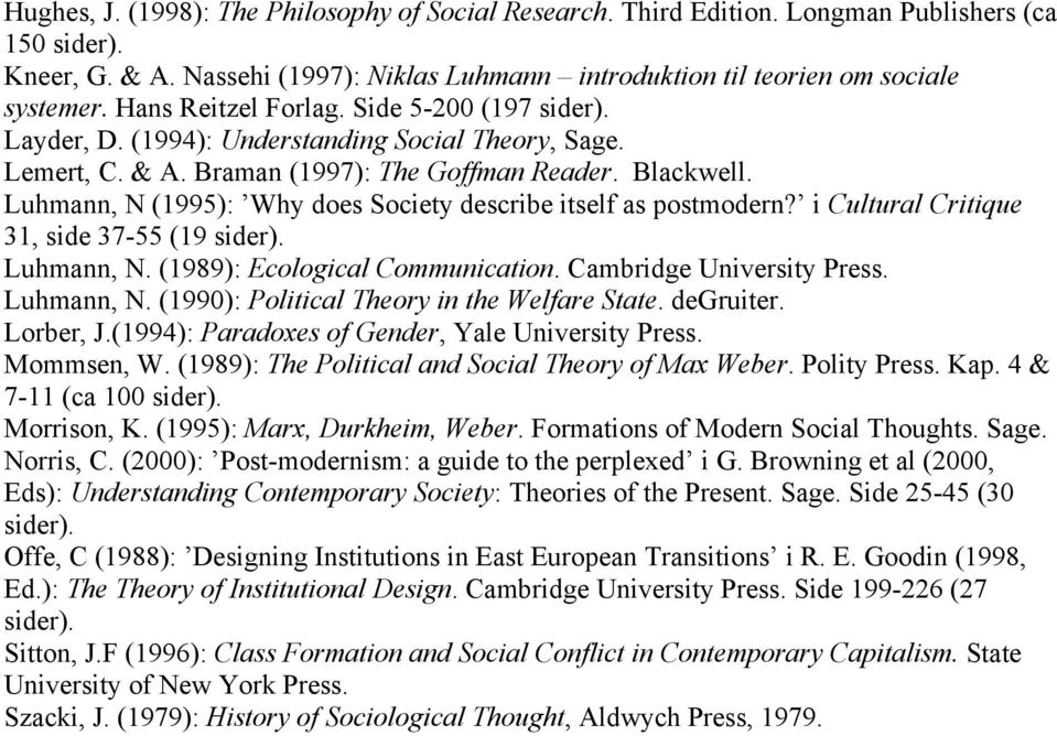 Luhmann, N (1995): Why does Society describe itself as postmodern? i Cultural Critique 31, side 37-55 (19 Luhmann, N. (1989): Ecological Communication. Cambridge University Press. Luhmann, N. (1990): Political Theory in the Welfare State.