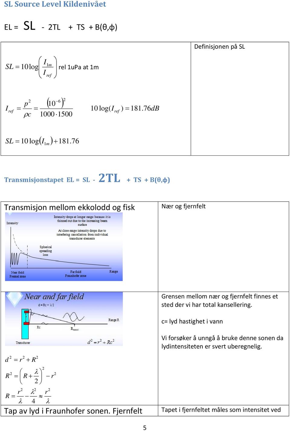 76 SL 0 log m Transmisjonstapet EL = SL TL + TS + B(θ,φ) Transmisjon mellom ekkolodd og fisk Nær og fjernfelt Grensen mellom nær og