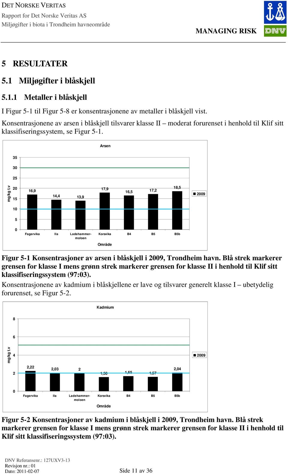 v 20 15 16,9 14,4 13,9 17,9 16,5 17,2 18,5 2009 10 5 0 Fagervika Ila Ladehammermoloen Korsvika B4 B5 B5b Område Figur 5-1 Konsentrasjoner av arsen i blåskjell i 2009, Trondheim havn.