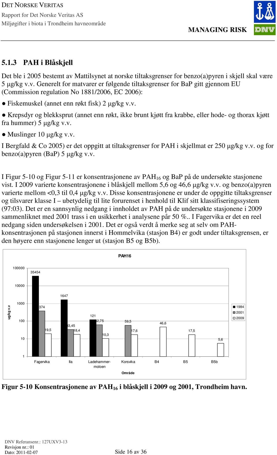 re 5 µg/kg v.v. Generelt for matvarer er følgende tiltaksgrenser for BaP gitt gjennom EU (Commission regulation No 1881/2006, EC 2006): Fiskemuskel (annet enn røkt fisk) 2 µg/kg v.v. Krepsdyr og blekksprut (annet enn røkt, ikke brunt kjøtt fra krabbe, eller hode- og thorax kjøtt fra hummer) 5 µg/kg v.