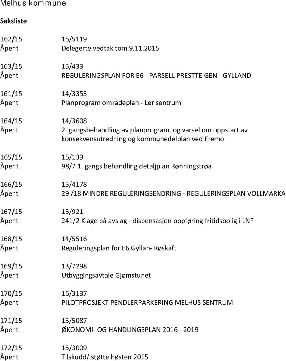 gangs behandling detaljplan Rønningstrøa 166/15 15/4178 29 /18 MINDRE REGULERINGSENDRING REGULERINGSPLAN VOLLMARKA 167/15 15/921 241/2 Klage på avslag dispensasjon oppføring fritidsbolig i