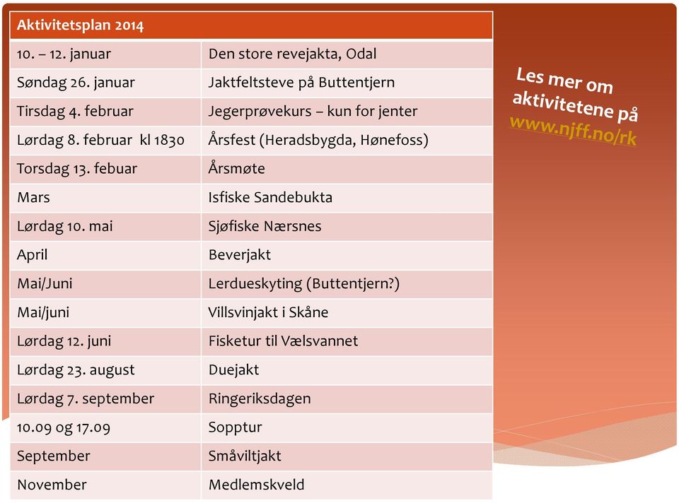 febuar Årsmøte Mars Isfiske Sandebukta Lørdag 10. mai Sjøfiske Nærsnes April Beverjakt Mai/Juni Lerdueskyting (Buttentjern?