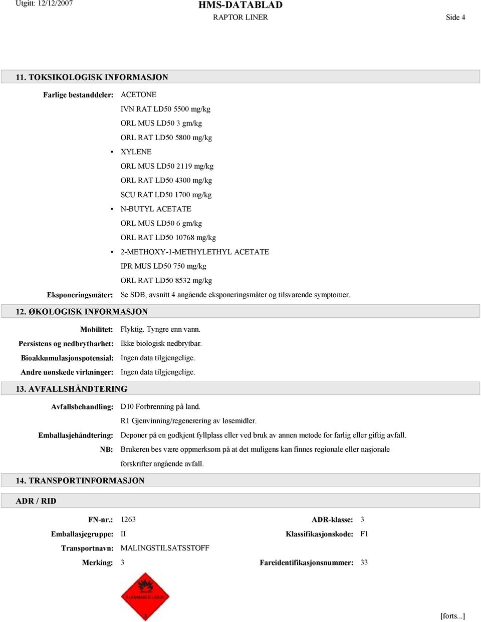 mg/kg N-BUTYL ACETATE ORL MUS LD50 6 gm/kg ORL RAT LD50 10768 mg/kg 2-METHOXY-1-METHYLETHYL ACETATE IPR MUS LD50 750 mg/kg ORL RAT LD50 8532 mg/kg Eksponeringsmåter: Se SDB, avsnitt 4 angående