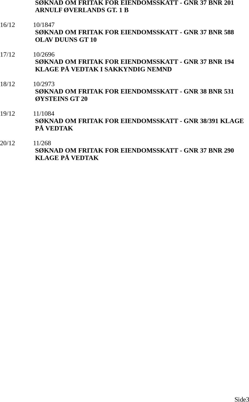 EIENDOMSSKATT - GNR 37 BNR 194 KLAGE PÅ VEDTAK I SAKKYNDIG NEMND 18/12 10/2973 SØKNAD OM FRITAK FOR EIENDOMSSKATT - GNR 38 BNR