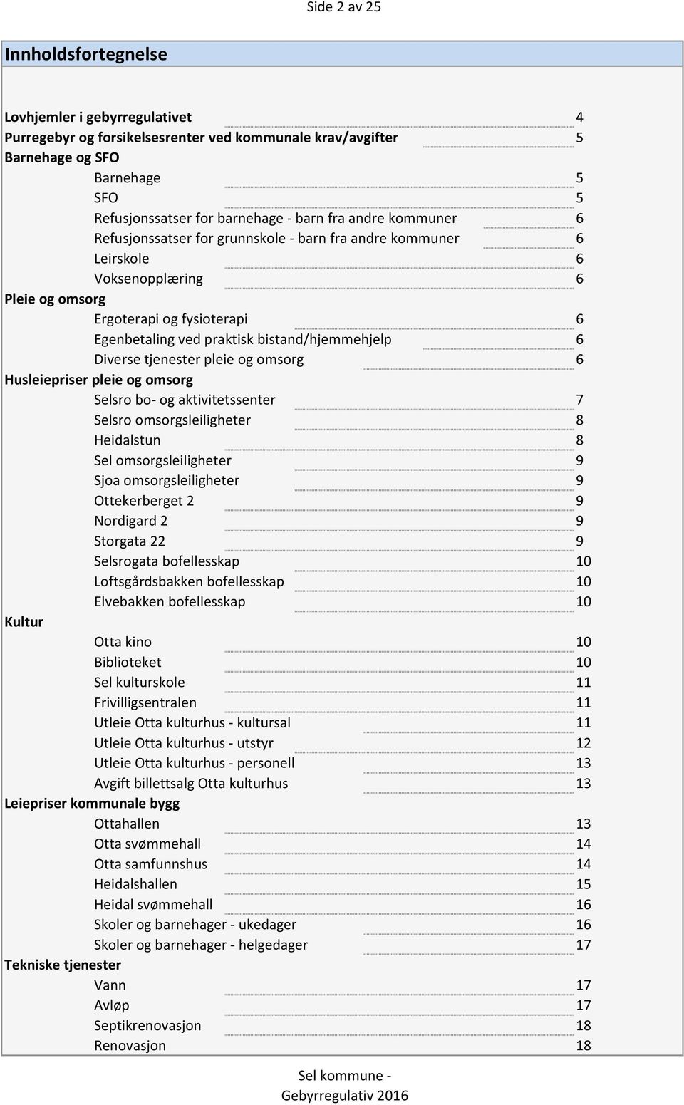 6 Diverse tjenester pleie og omsorg 6 Husleiepriser pleie og omsorg Selsro bo- og aktivitetssenter 7 Selsro omsorgsleiligheter 8 Heidalstun 8 Sel omsorgsleiligheter 9 Sjoa omsorgsleiligheter 9