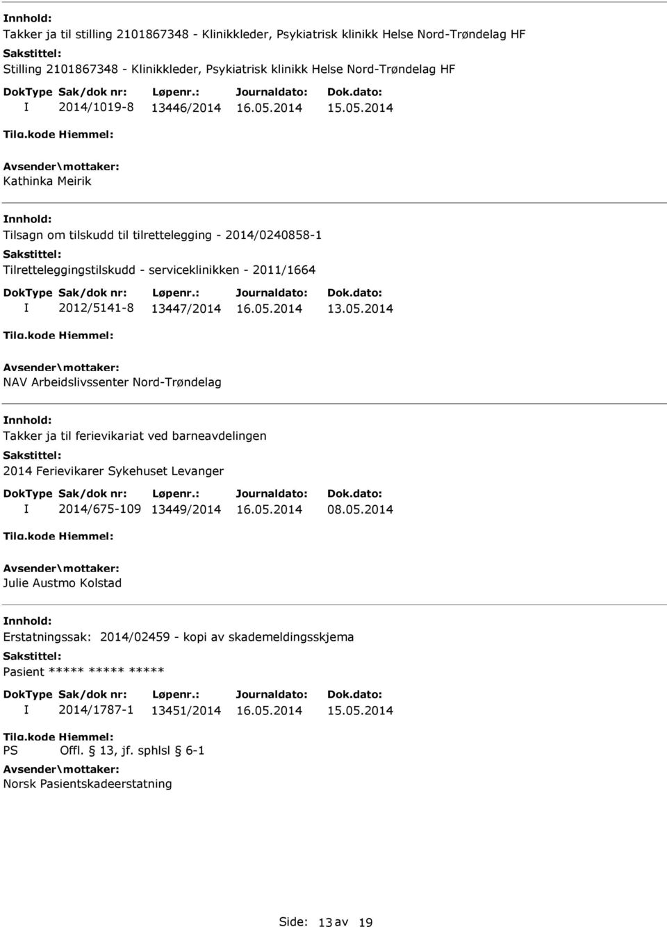 13447/2014 13.05.2014 NAV Arbeidslivssenter Nord-Trøndelag Takker ja til ferievikariat ved barneavdelingen 2014 Ferievikarer Sykehuset Levanger 2014/675-109 13449/2014 08.