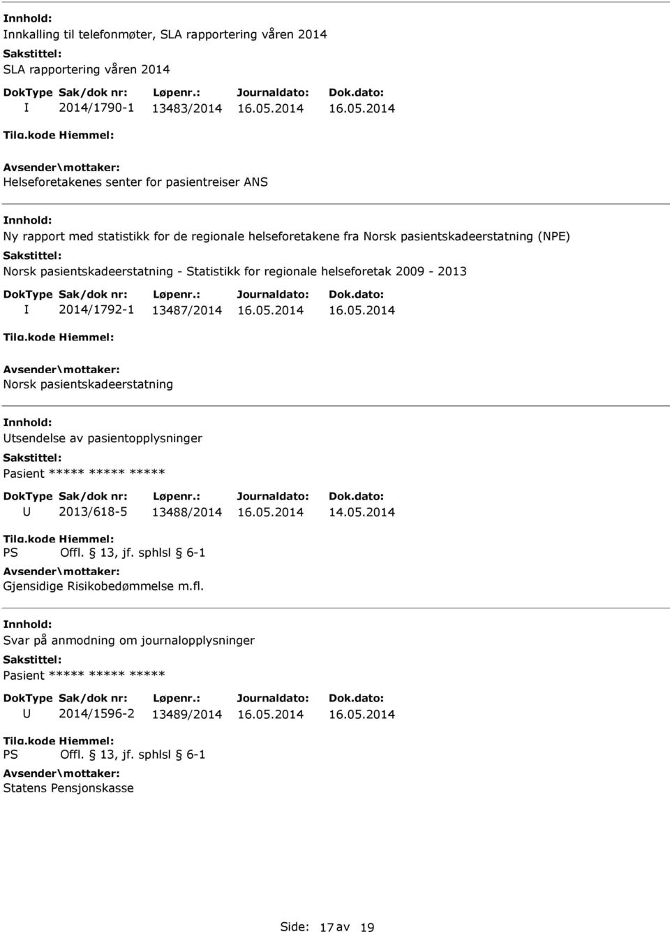 helseforetak 2009-2013 2014/1792-1 13487/2014 Norsk pasientskadeerstatning tsendelse av pasientopplysninger Pasient ***** ***** ***** 2013/618-5 13488/2014