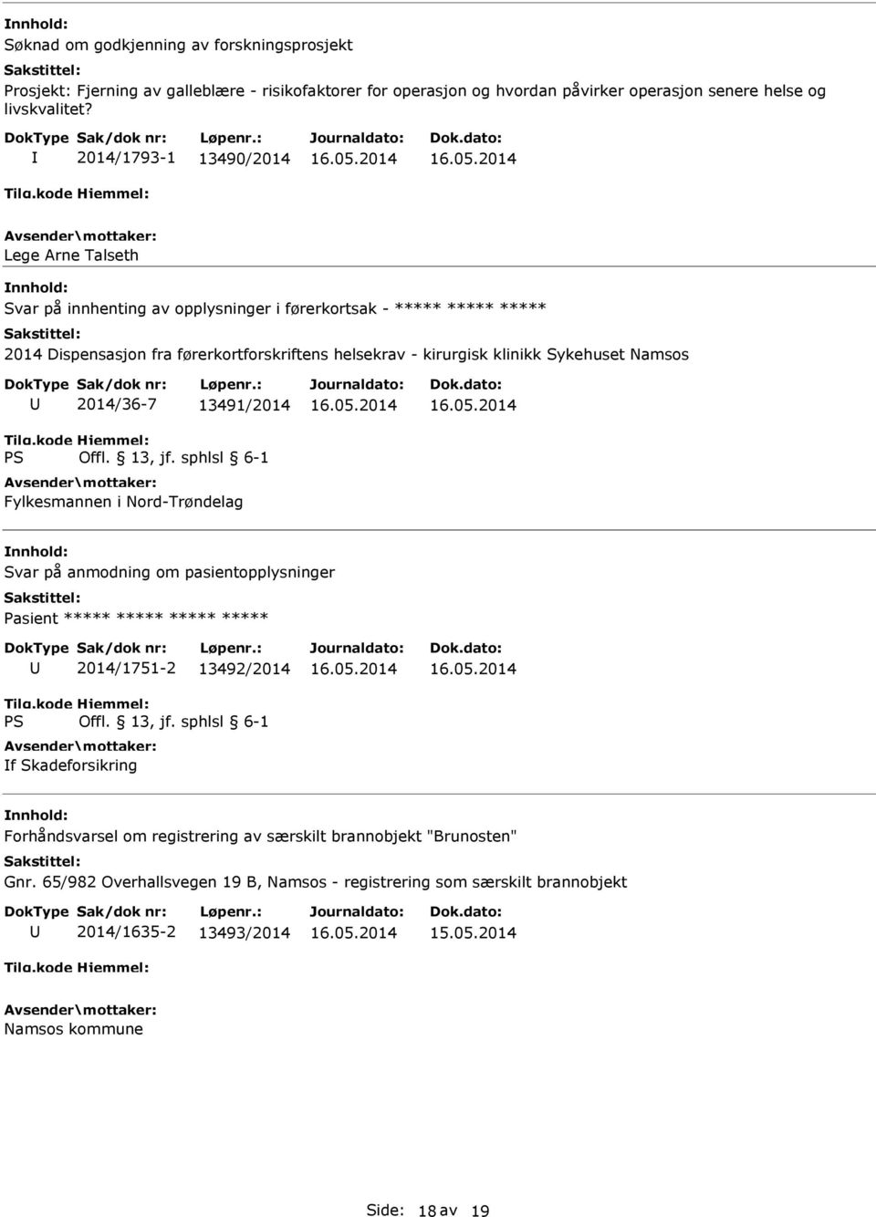 klinikk Sykehuset Namsos 2014/36-7 13491/2014 Fylkesmannen i Nord-Trøndelag Svar på anmodning om pasientopplysninger Pasient ***** ***** ***** ***** 2014/1751-2 13492/2014 f