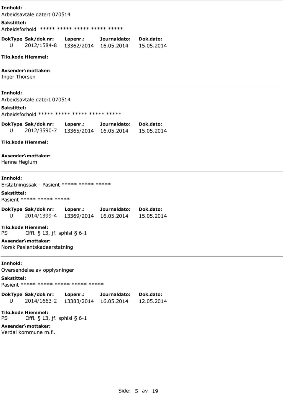 ***** ***** 2014/1399-4 13369/2014 Norsk Pasientskadeerstatning Oversendelse av opplysninger