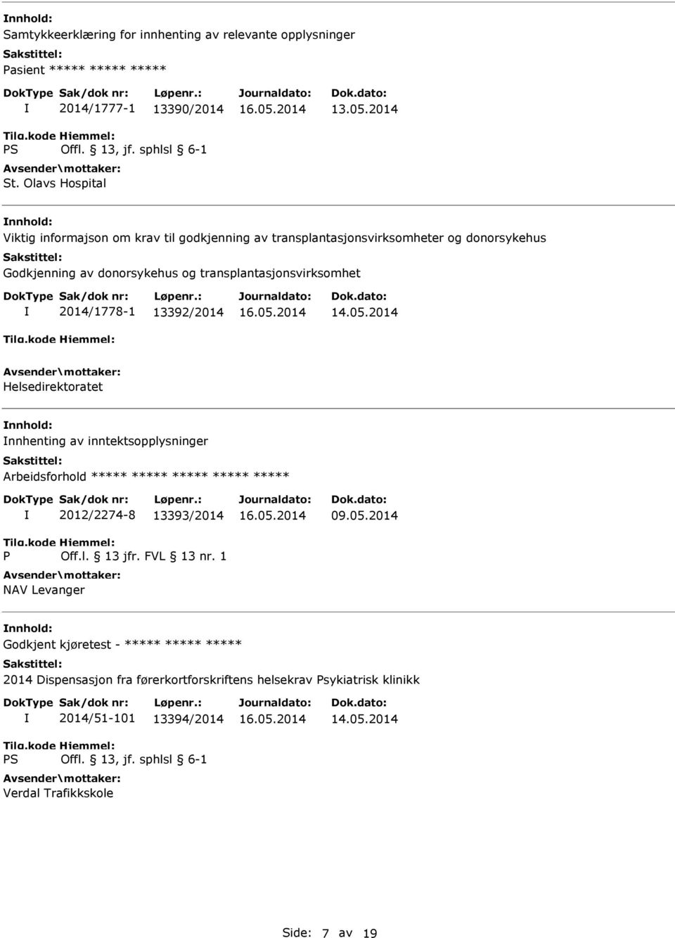 transplantasjonsvirksomhet 2014/1778-1 13392/2014 Helsedirektoratet nnhenting av inntektsopplysninger P 2012/2274-8 13393/2014 NAV Levanger 09.