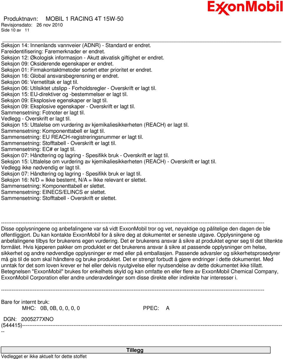 Seksjon 06: Utilsiktet utslipp - Forholdsregler - Overskrift er lagt til. Seksjon 15: EU-direktiver og -bestemmelser er lagt til. Seksjon 09: Eksplosive egenskaper er lagt til.