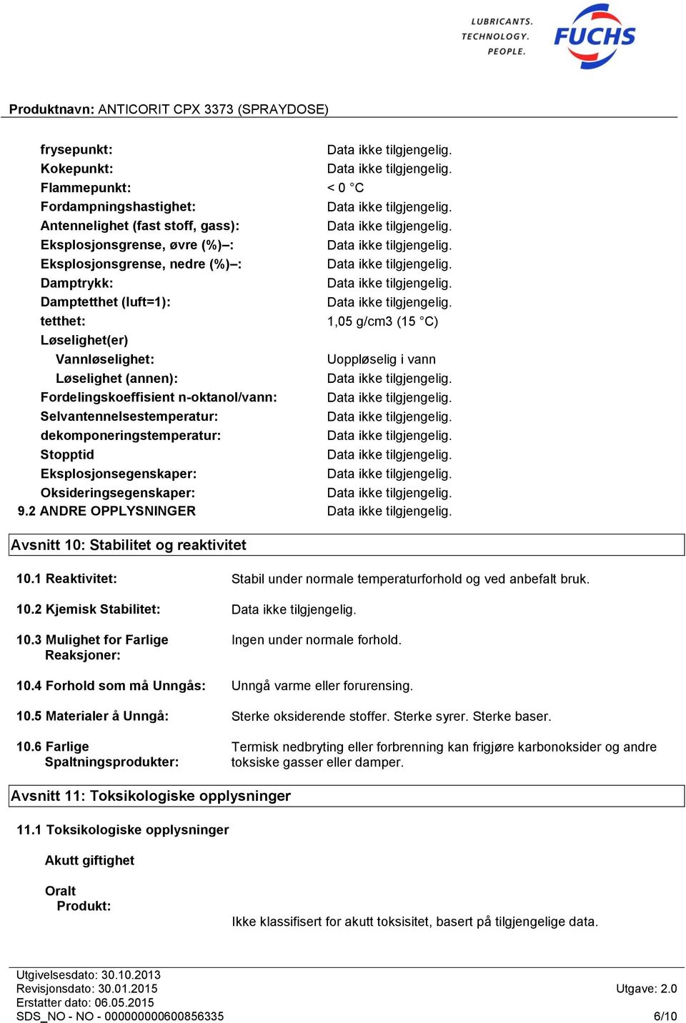 Eksplosjonsegenskaper: Oksideringsegenskaper: 9.2 ANDRE OPPLYSNINGER Avsnitt 10: Stabilitet og reaktivitet 10.1 Reaktivitet: Stabil under normale temperaturforhold og ved anbefalt bruk. 10.2 Kjemisk Stabilitet: 10.