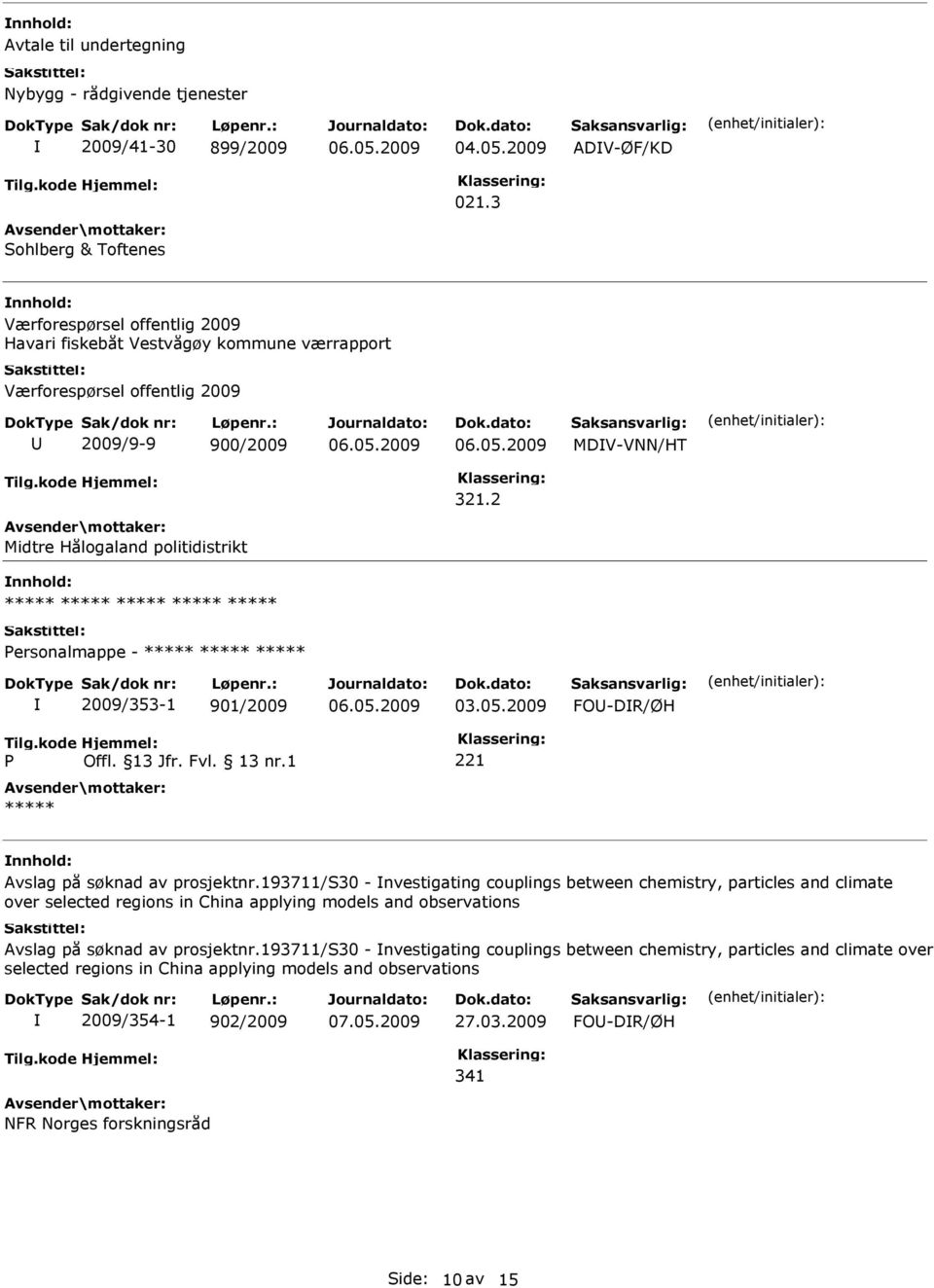 2 Midtre Hålogaland politidistrikt ersonalmappe - 2009/353-1 901/2009 03.05.2009 FO-DR/ØH Avslag på søknad av prosjektnr.