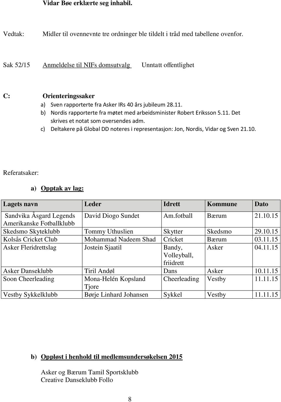 b) Nordis rapporterte fra møtet med arbeidsminister Robert Eriksson 5.11. Det skrives et notat som oversendes adm. c) Deltakere på Global DD noteres i representasjon: Jon, Nordis, Vidar og Sven 21.10.