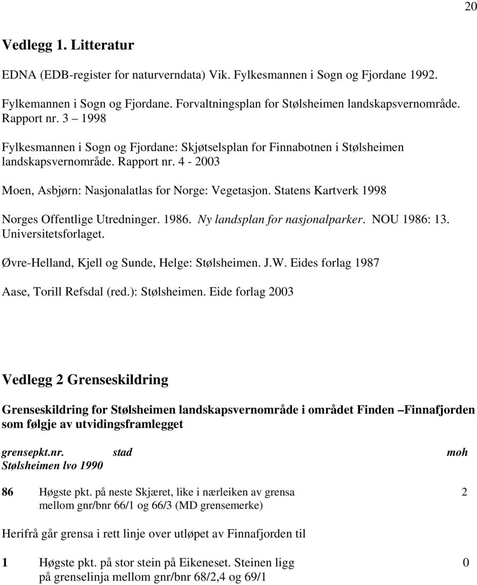 Statens Kartverk 1998 Norges Offentlige Utredninger. 1986. Ny landsplan for nasjonalparker. NOU 1986: 13. Universitetsforlaget. Øvre-Helland, Kjell og Sunde, Helge: Stølsheimen. J.W.