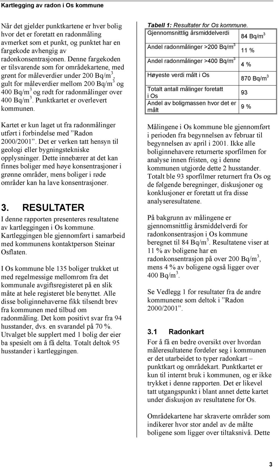 Punktkartet er overlevert kommunen. Kartet er kun laget ut fra radonmålinger utført i forbindelse med Radon 2000/2001. Det er verken tatt hensyn til geologi eller bygningstekniske opplysninger.