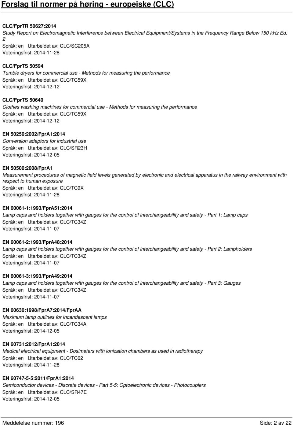 50640 Clothes washing machines for commercial use - Methods for measuring the performance Språk: en Utarbeidet av: CLC/TC59X Voteringsfrist: 2014-12-12 EN 50250:2002/FprA1:2014 Conversion adaptors