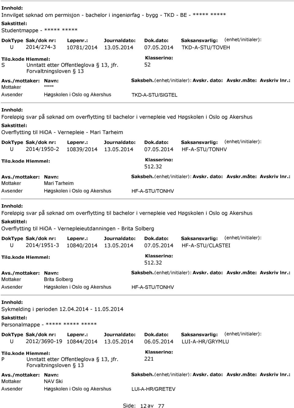 : Mottaker ***** TKD-A-T/GTEL Foreløpig svar på søknad om overflytting til bachelor i vernepleie ved Overflytting til HiOA - Vernepleie - Mari Tarheim 2014/1950-2 10839/2014 07.05.