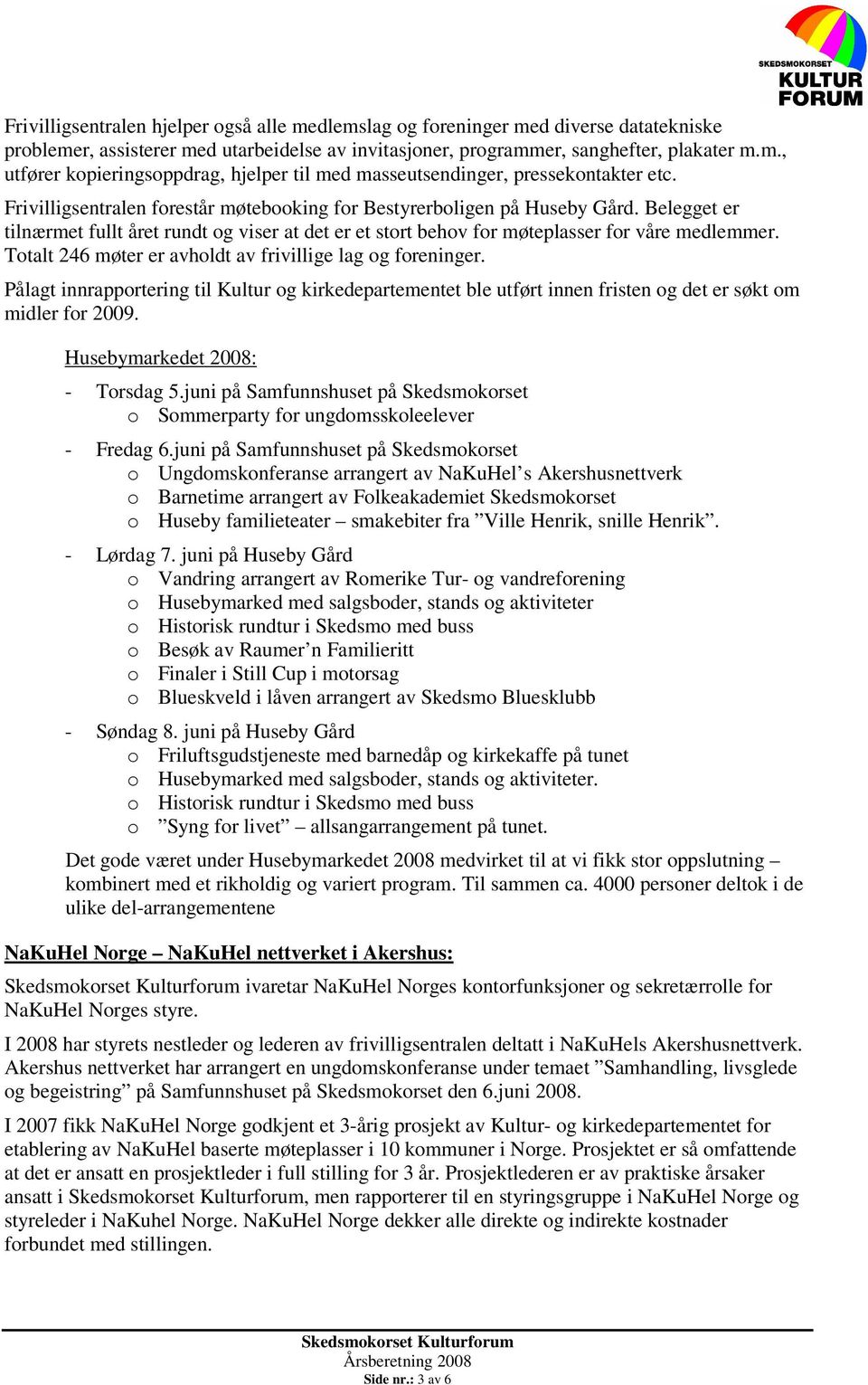 Totalt 246 møter er avholdt av frivillige lag og foreninger. Pålagt innrapportering til Kultur og kirkedepartementet ble utført innen fristen og det er søkt om midler for 2009.