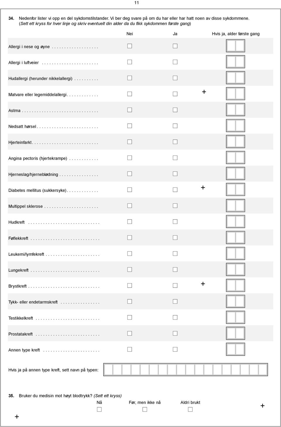 ......... Nei Ja Hvis ja, alder første gang Matvare eller legemiddelallergi............. Astma............................... Nedsatt hørsel......................... Hjerteinfarkt.