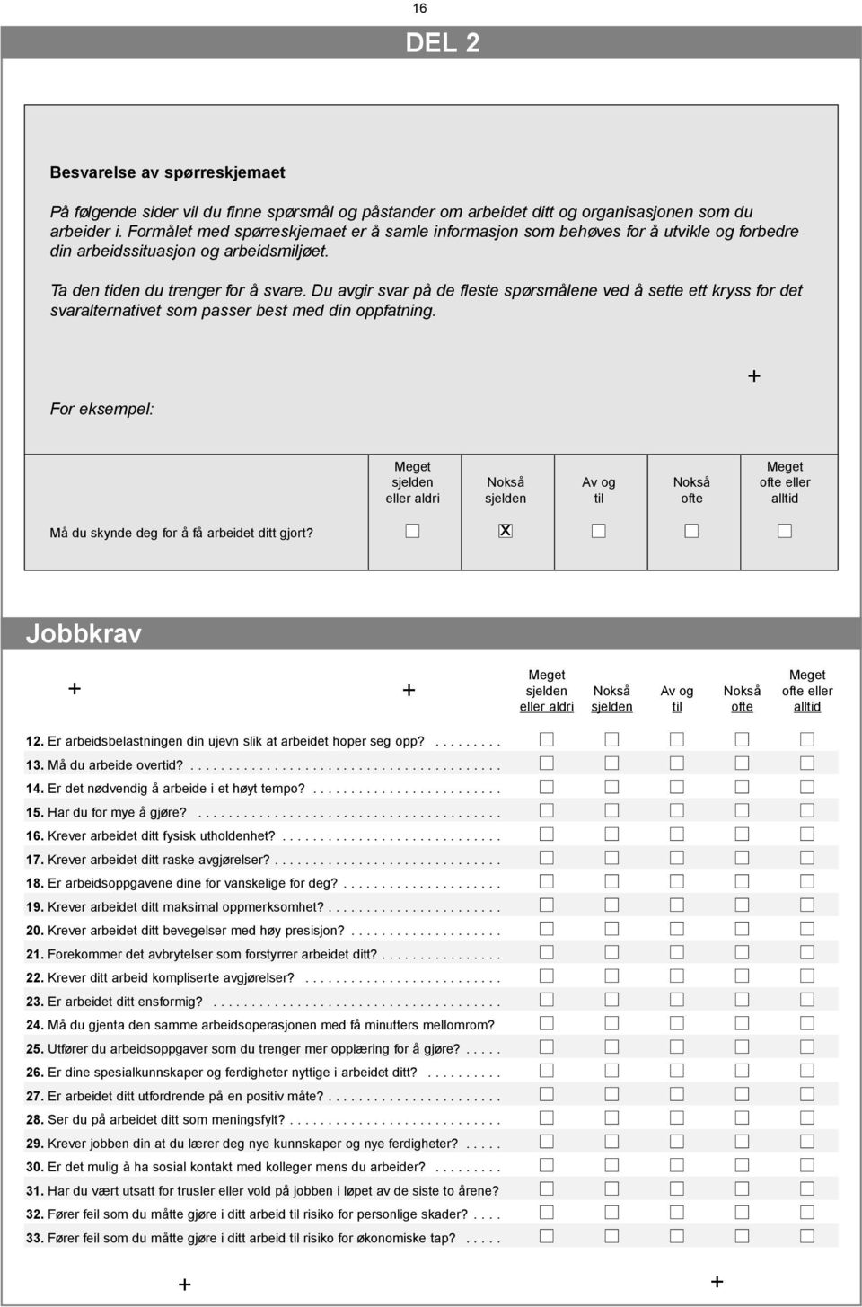 Du avgir svar på de fleste spørsmålene ved å sette ett kryss for det svaralternativet som passer best med din oppfatning.