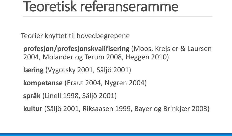 Terum 2008, Heggen 2010) læring (Vygotsky 2001, Säljö 2001) kompetanse (Eraut