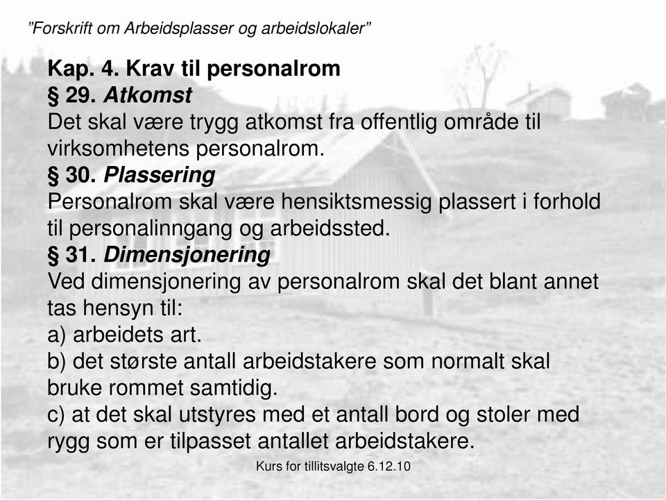 Plassering Personalrom skal være hensiktsmessig plassert i forhold til personalinngang og arbeidssted. 31.