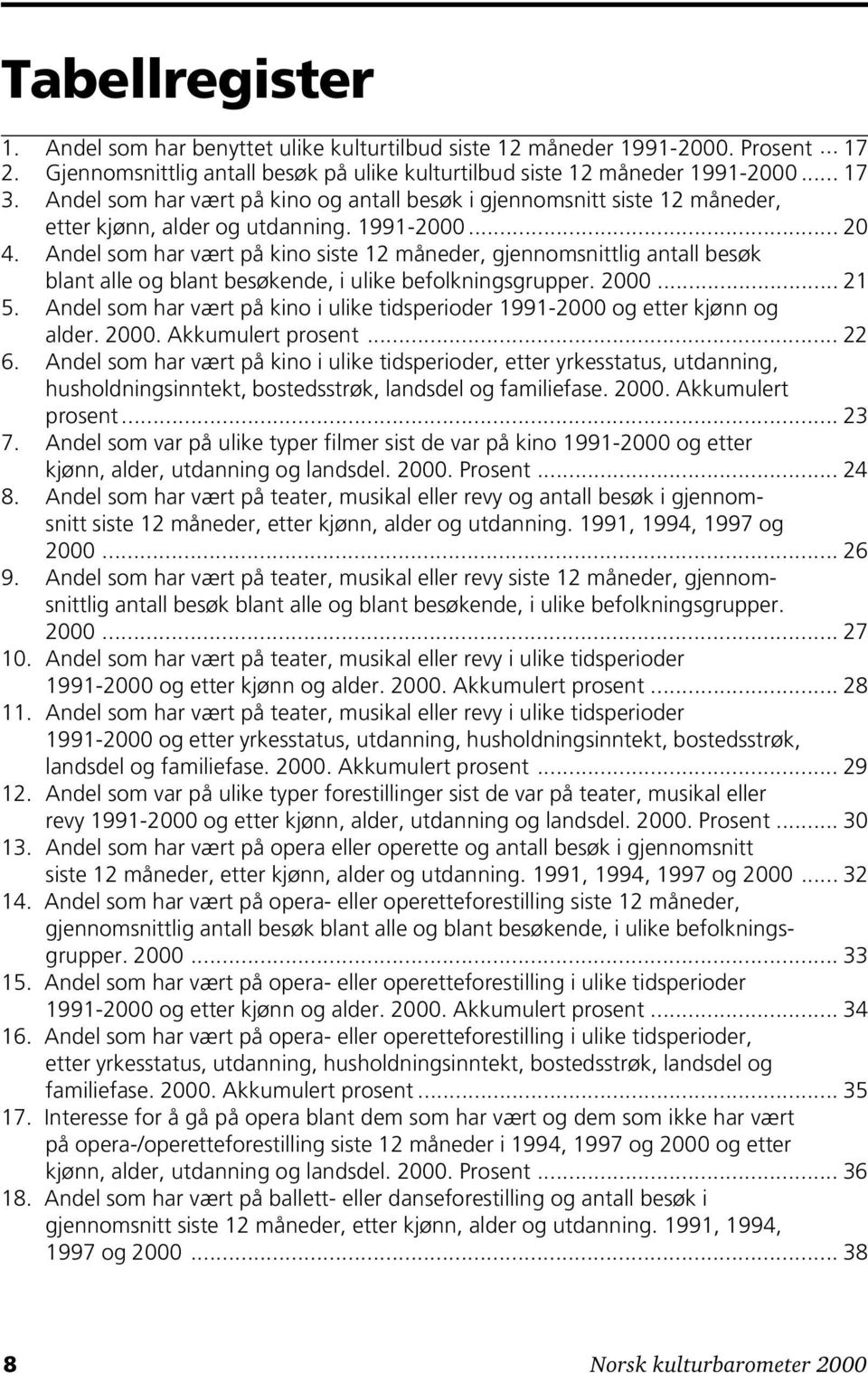 Andel som har vært på kino siste 12 måneder, gjennomsnittlig antall besøk blant alle og blant besøkende, i ulike befolkningsgrupper. 2000... 21 5.