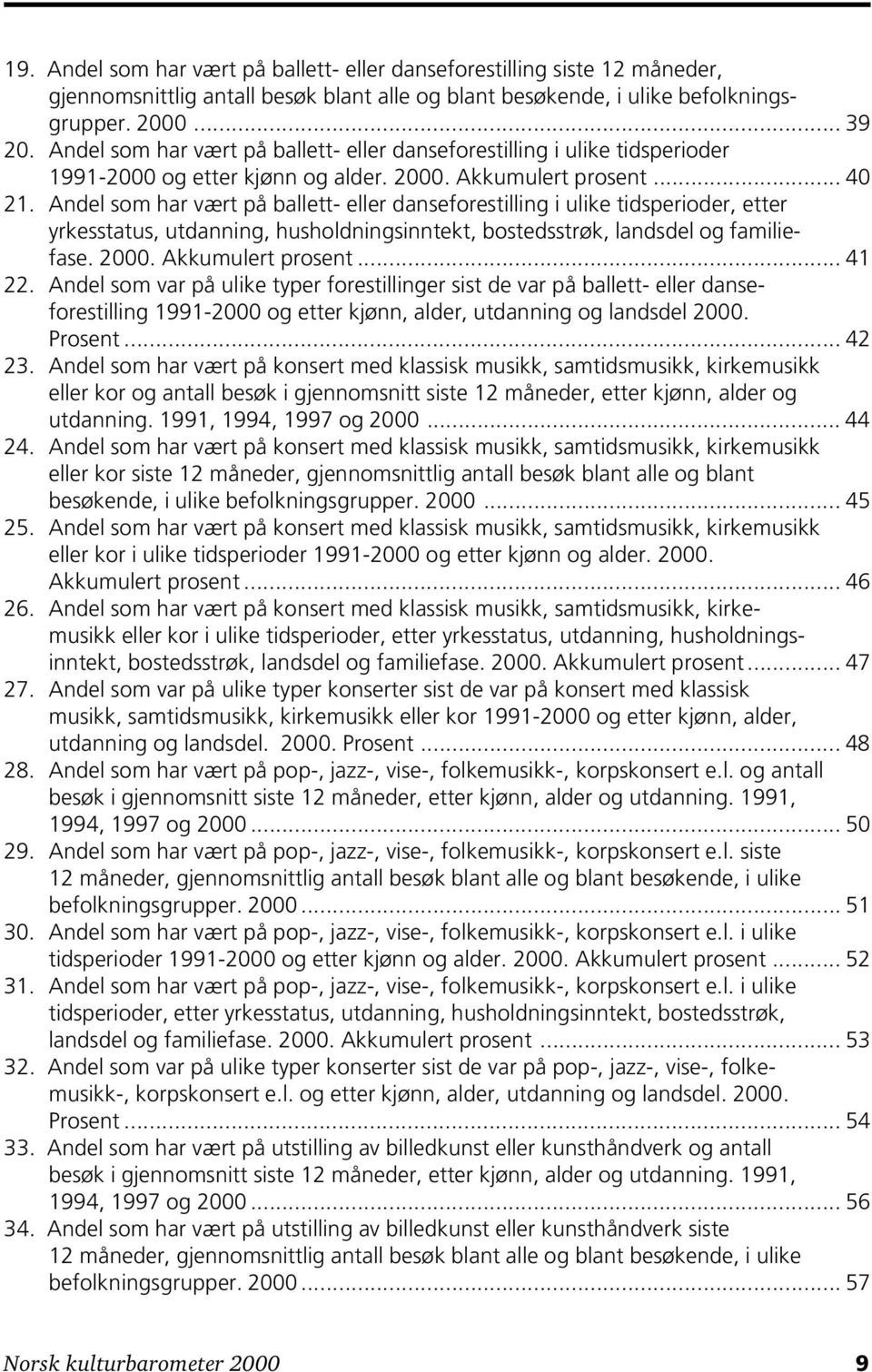 Andel som har vært på ballett- eller danseforestilling i ulike tidsperioder, etter yrkesstatus, utdanning, husholdningsinntekt, bostedsstrøk, landsdel og familiefase. 2000. Akkumulert prosent... 41 22.