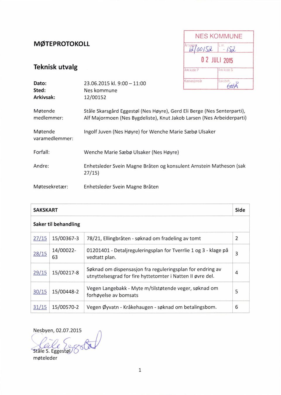 Majormoen (Nes Bygdeliste), Knut Jakob Larsen (Nes Arbeiderparti) lngolfjuven (Nes Høyre) for Wenche Marie Sæbø Ulsaker Forfall: Andre: Møtesekretær: Wenche Marie Sæbø Ulsaker (Nes Høyre) Enhetsleder