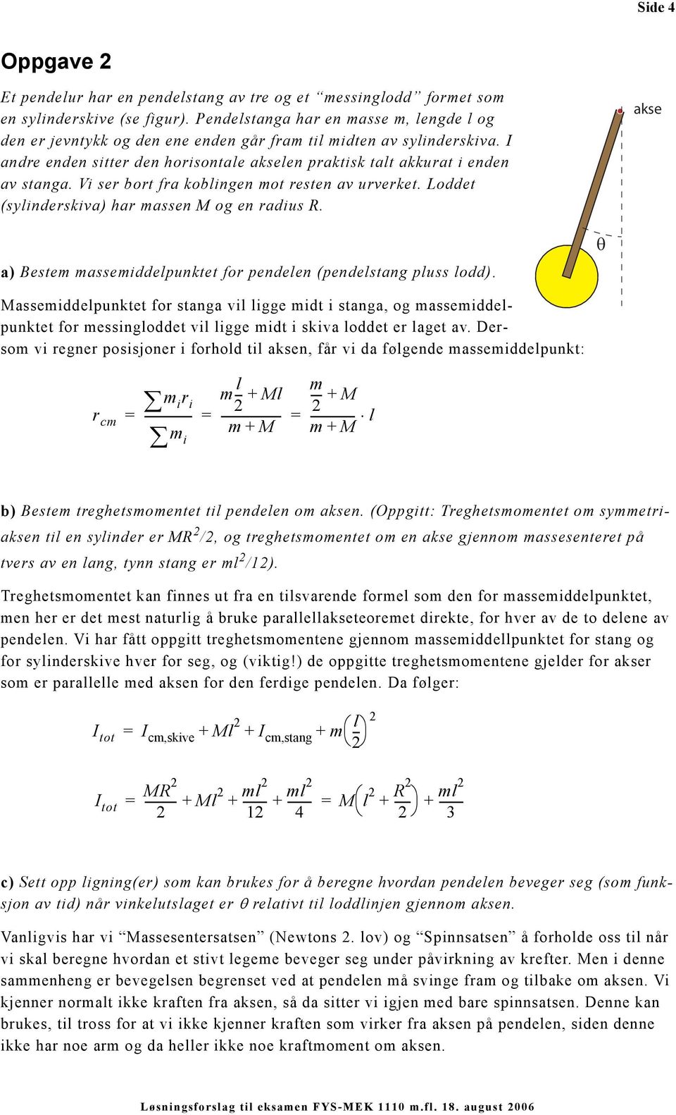 Vi ser bort fra koblingen ot resten av urverket. Loddet (sylinderskiva) har assen M og en radius R. akse a) Beste asseiddelpunktet for pendelen (pendelstang pluss lodd).