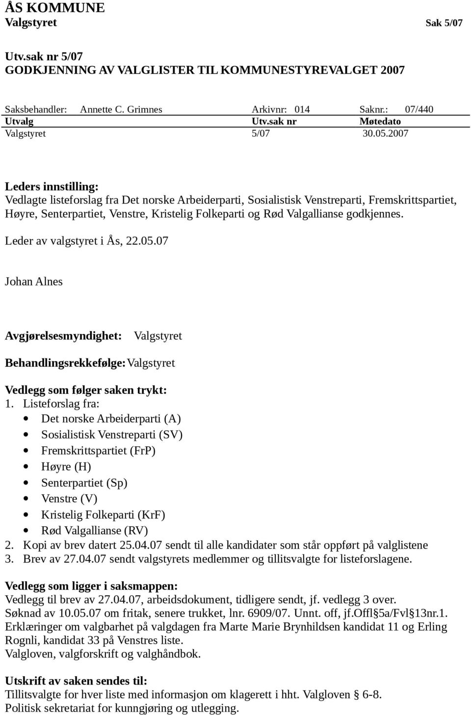 2007 Leders innstilling: Vedlagte listeforslag fra Det norske Arbeiderparti, Sosialistisk Venstreparti, Fremskrittspartiet, Høyre, Senterpartiet, Venstre, Kristelig Folkeparti og Rød Valgallianse