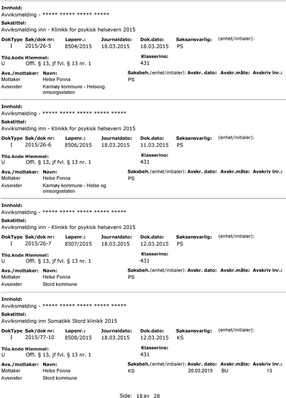 2015 S 431 S Karmøy kommune - Helse og omsorgsetaten Avviksmelding - ***** ***** ***** ***** ***** Avviksmelding inn - Klinikk for psykisk helsevern 2015 2015/26-7