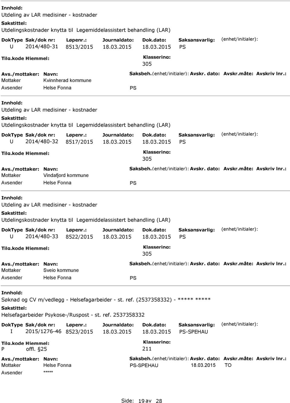 medisiner - kostnader tdelingskostnader knytta til Legemiddelassistert behandling (LAR) 2014/480-33 8522/2015 S 305 Mottaker Sveio kommune S Søknad og CV m/vedlegg -