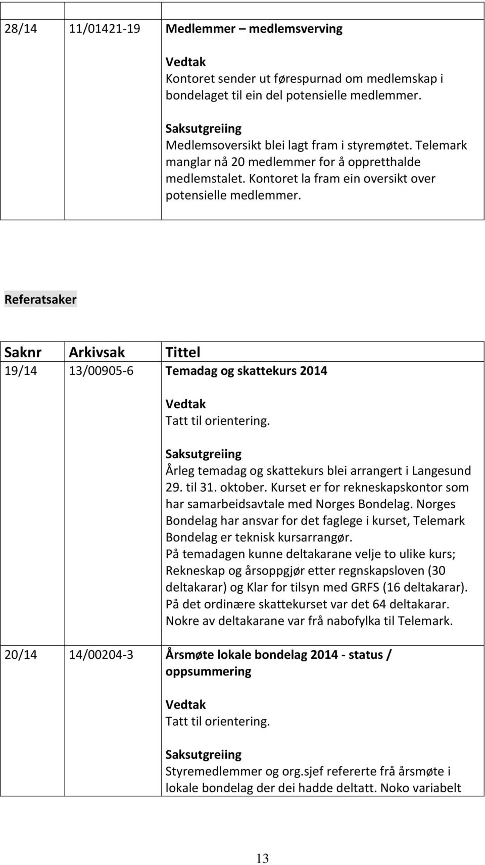 Referatsaker Saknr Arkivsak Tittel 19/14 13/00905-6 Temadag og skattekurs 2014 Tatt til orientering. Årleg temadag og skattekurs blei arrangert i Langesund 29. til 31. oktober.