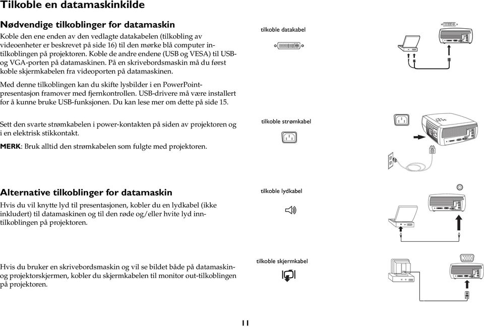 tilkoble datakabel Med denne tilkoblingen kan du skifte lysbilder i en PowerPointpresentasjon framover med fjernkontrollen. USB-drivere må være installert for å kunne bruke USB-funksjonen.