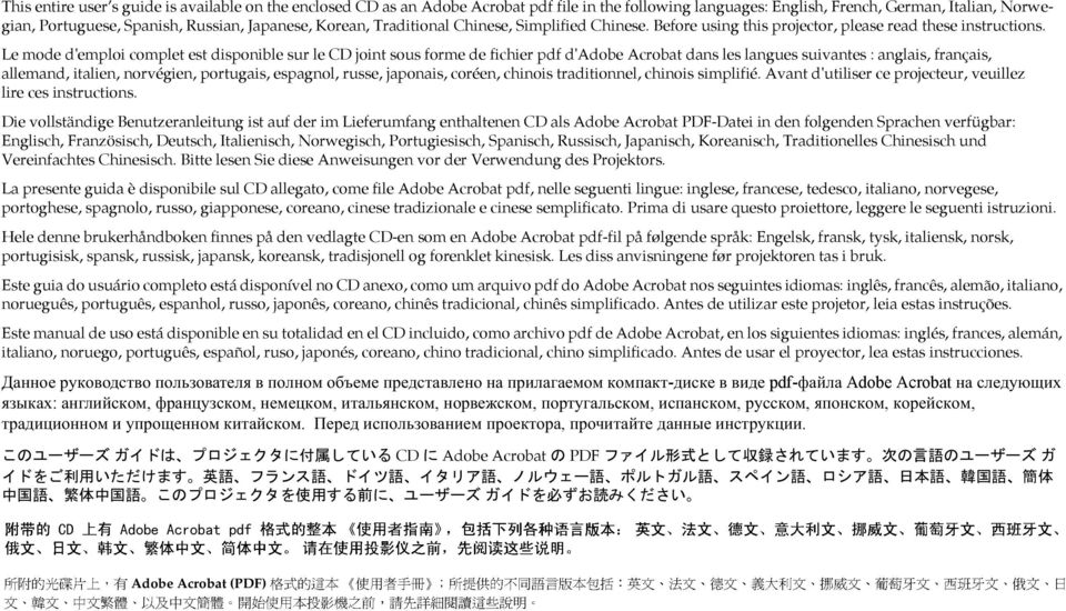 Le mode d'emploi complet est disponible sur le CD joint sous forme de fichier pdf d'adobe Acrobat dans les langues suivantes : anglais, français, allemand, italien, norvégien, portugais, espagnol,