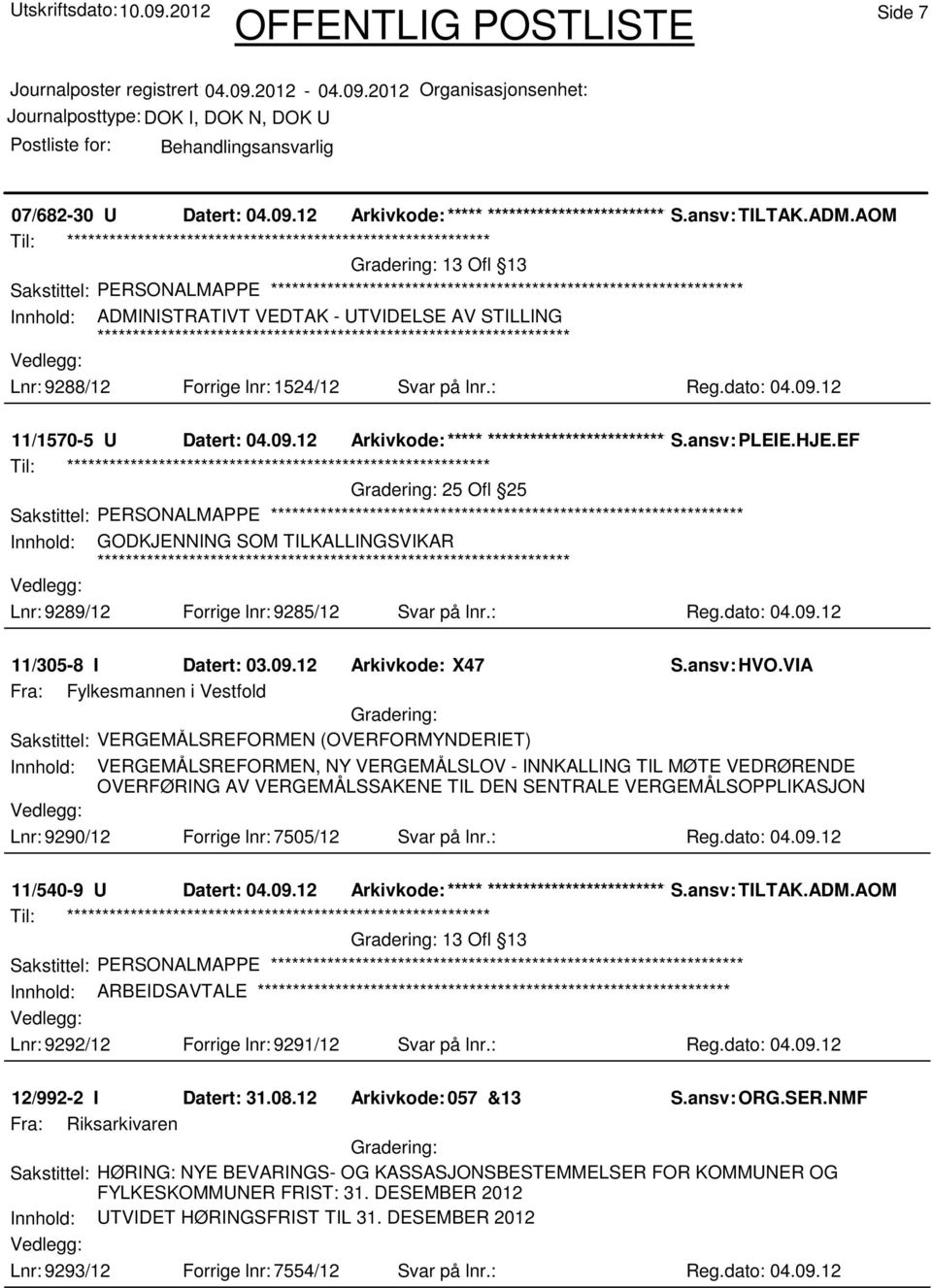 12 11/1570-5 U Datert: 04.09.12 Arkivkode:***** ****************************** S.ansv: PLEIE.HJE.EF 25 Ofl 25 Sakstittel: PERSONALMAPPE Lnr: 9289/12 Forrige lnr: 9285/12 Svar på lnr.: Reg.dato: 04.09.12 11/305-8 I Datert: 03.