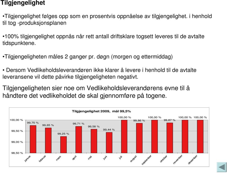 døgn (morgen og ettermiddag) Dersom Vedlikeholdsleverandøren ikke klarer å levere i henhold til de avtalte leveransene vil dette påvirke tilgjengeligheten negativt.