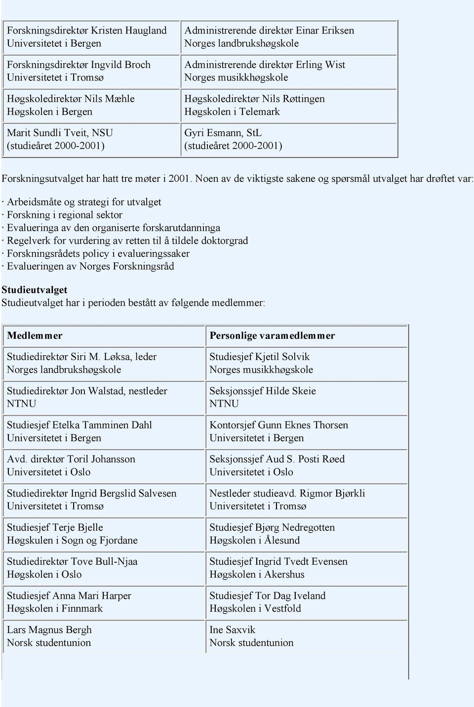 (studieåret 2000-2001) Forskningsutvalget har hatt tre møter i 2001.