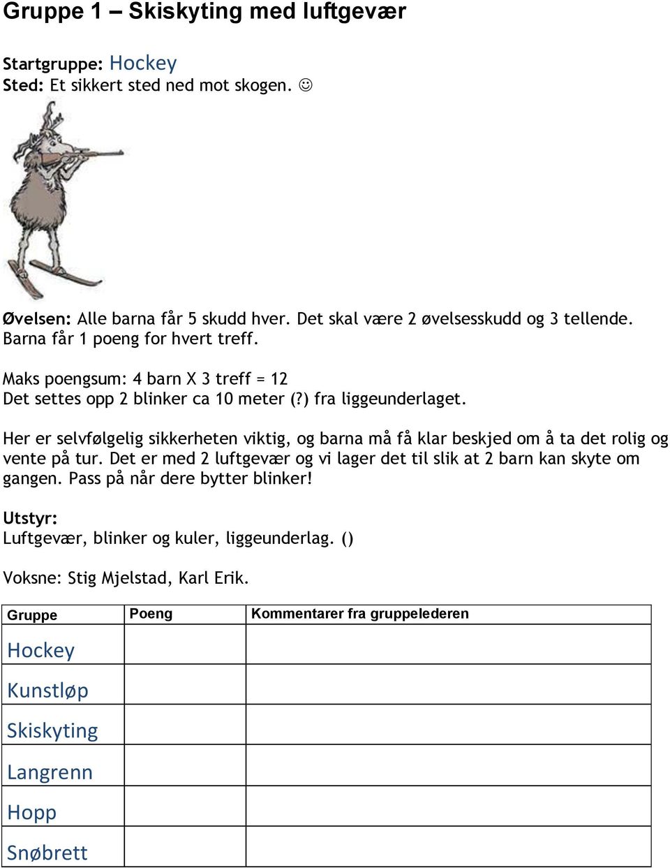 Maks poengsum: 4 barn X 3 treff = 12 Det settes opp 2 blinker ca 10 meter (?) fra liggeunderlaget.