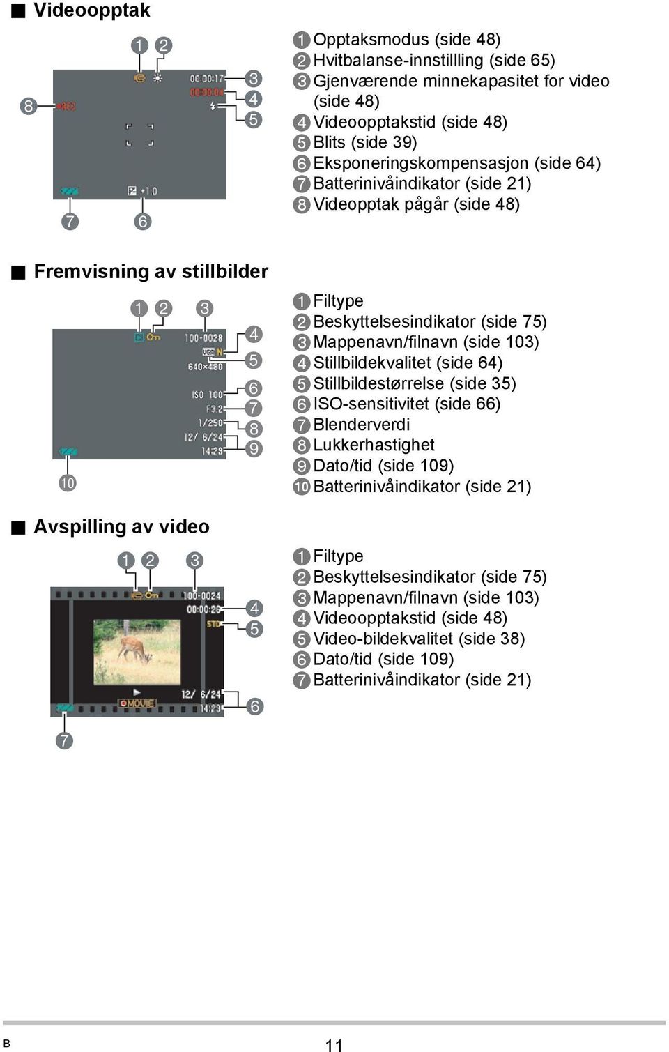 Fremvisning av stillbilder bk 1 2 3 4 5 6 7 8 9 1Filtype 2Beskyttelsesindikator (side 75) 3Mappenavn/filnavn (side 103) 4Stillbildekvalitet (side 64) 5Stillbildestørrelse (side 35) 6ISO-sensitivitet