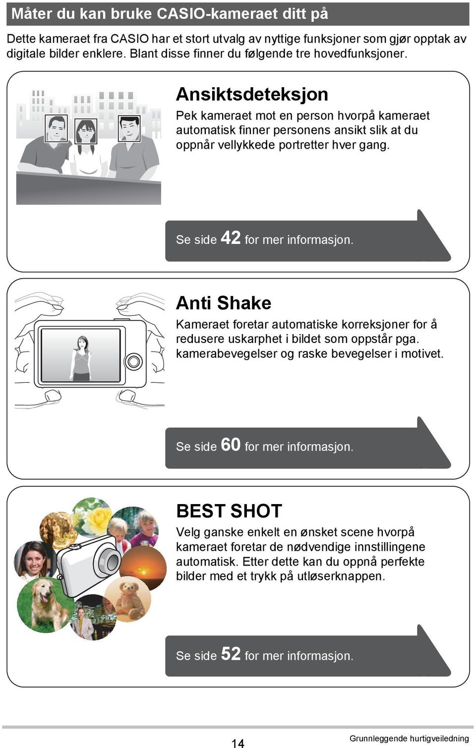 Se side 42 for mer informasjon. Anti Shake Kameraet foretar automatiske korreksjoner for å redusere uskarphet i bildet som oppstår pga. kamerabevegelser og raske bevegelser i motivet.