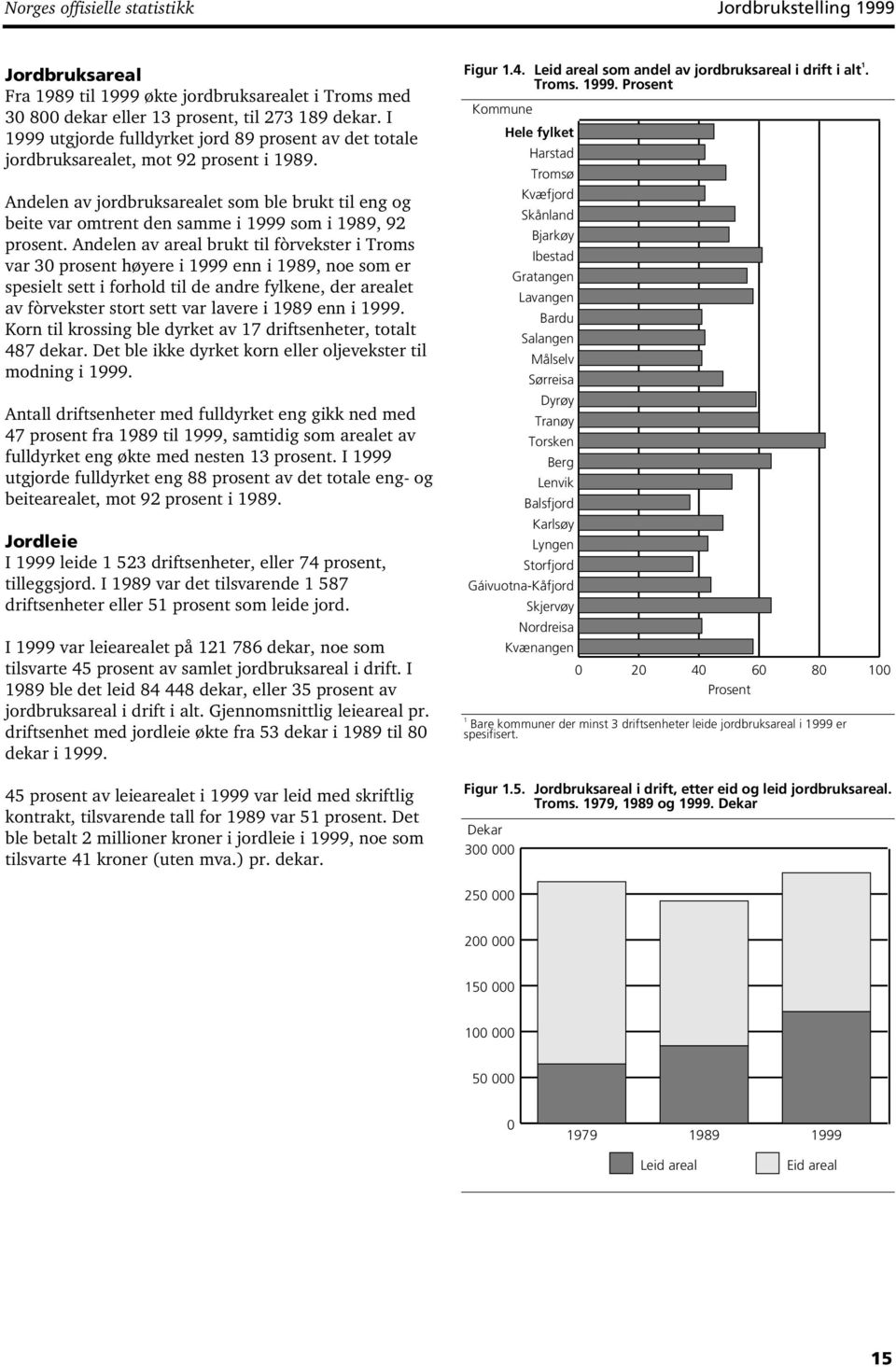 Andelen av jordbruksarealet som ble brukt til eng og beite var omtrent den samme i 1999 som i 1989, 92 prosent.