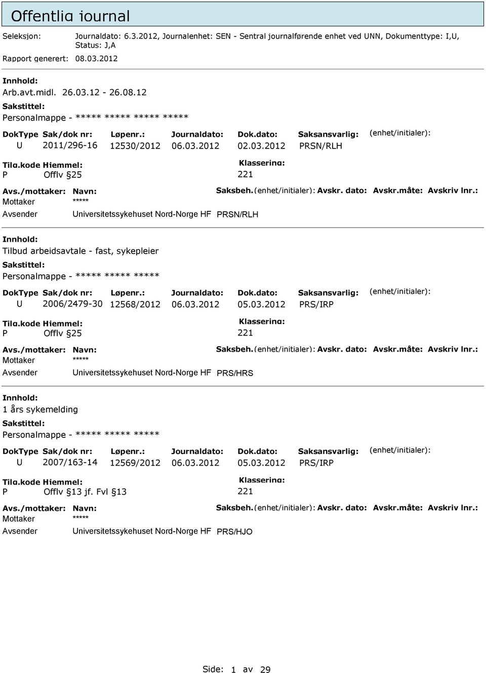 : niversitetssykehuset Nord-Norge HF RSN/RLH Tilbud arbeidsavtale - fast, sykepleier ersonalmappe - ***** ***** ***** 2006/2479-30 12568/2012 RS/R Avs./mottaker: Navn: Saksbeh. Avskr. dato: Avskr.